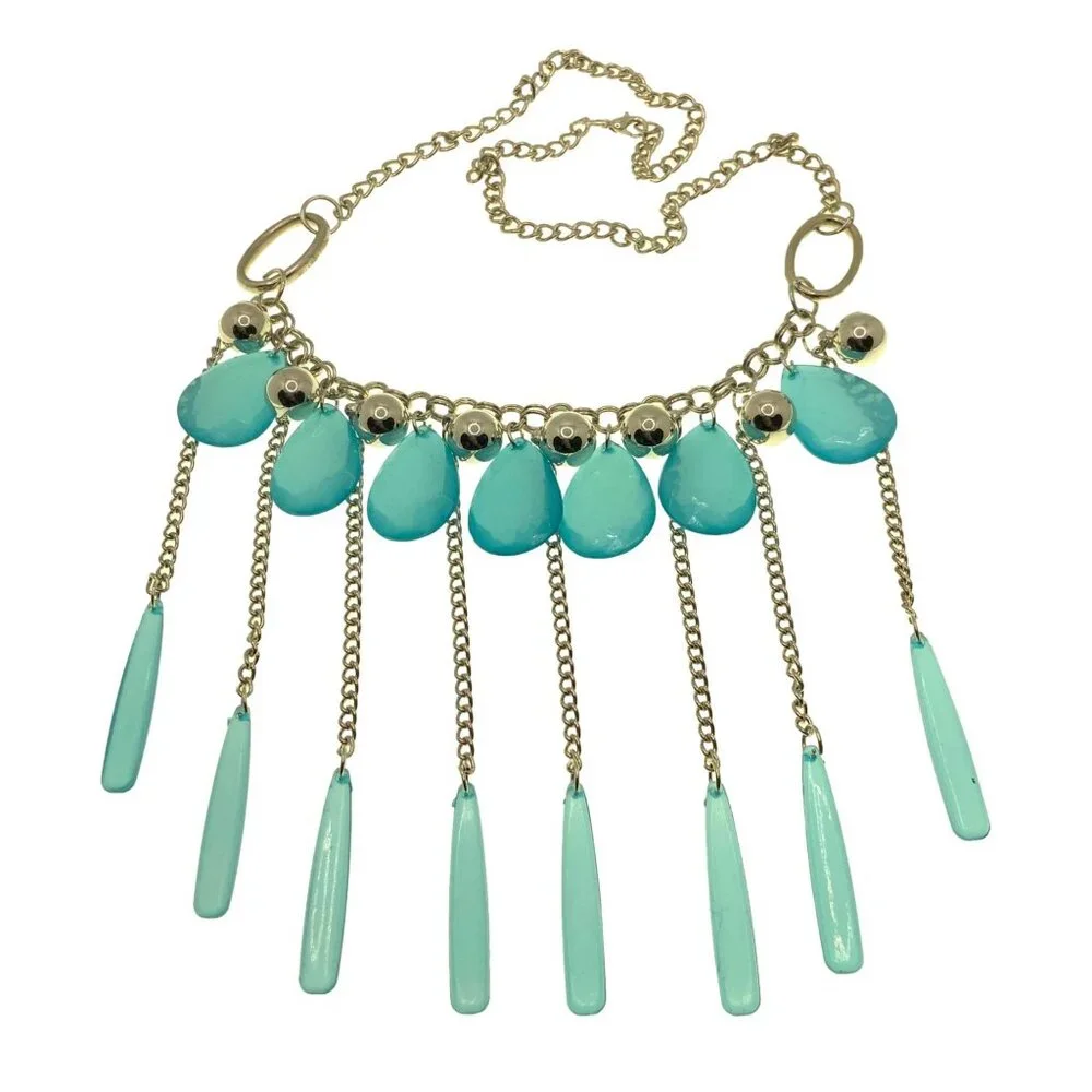 Teardrop Beaded Chain Fringe Necklace 24 Inch Length Blue Silver Tone